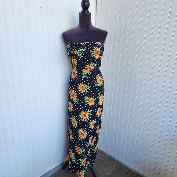 Bongo Maxi Dress Womens Black Yellow Sunflower Strapless Chic Floral Ruffle Sz S - Picture 1 of 13